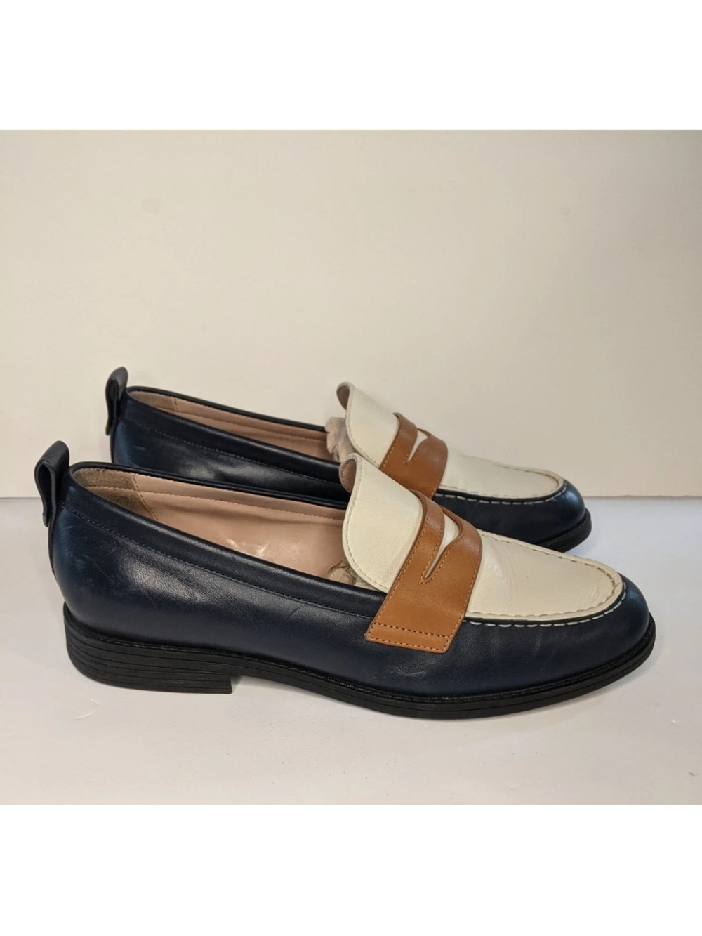 Cole Haan Navy, White & Tan Leather Penny Loafers Preppy